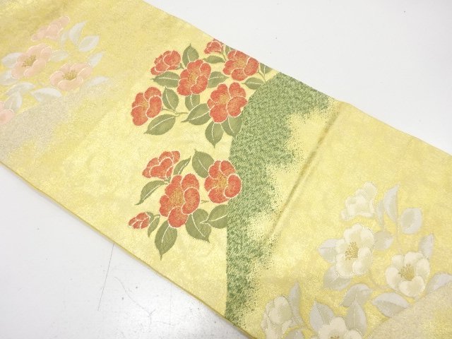 金糸　椿模様織り出し　袋帯